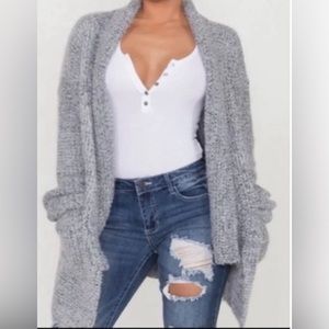POL Heather Gray Eyelash Knit Open Front Cardigan Sweater Small